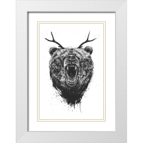Angry Bear With Antlers White Modern Wood Framed Art Print with Double Matting by Solti, Balazs