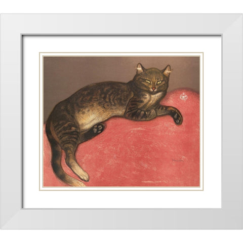 Cat on a Cusion White Modern Wood Framed Art Print with Double Matting by Steinlen, Theophile