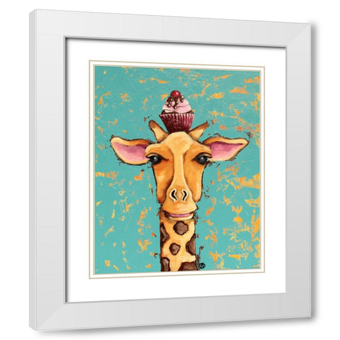 Giraffe With Cherry on Top White Modern Wood Framed Art Print with Double Matting by Stewart, Lucia