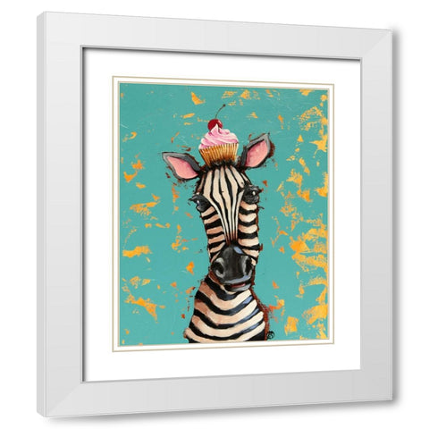 Zebra With Cherry Cupcake White Modern Wood Framed Art Print with Double Matting by Stewart, Lucia