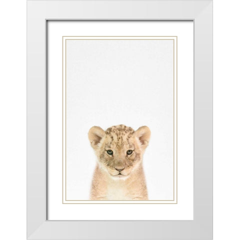 Baby Lion White Modern Wood Framed Art Print with Double Matting by Tai Prints