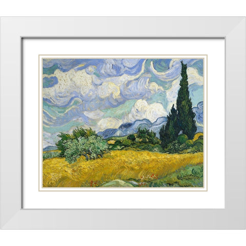 Wheat Field with Cypresses White Modern Wood Framed Art Print with Double Matting by Van Gogh, Vincent