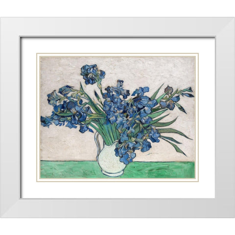 Irises, 1890 (White Vase) White Modern Wood Framed Art Print with Double Matting by Van Gogh, Vincent