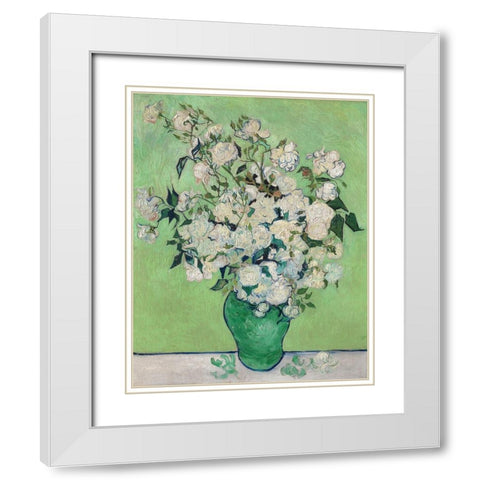 Roses, 1890 (Green Vase) White Modern Wood Framed Art Print with Double Matting by Van Gogh, Vincent