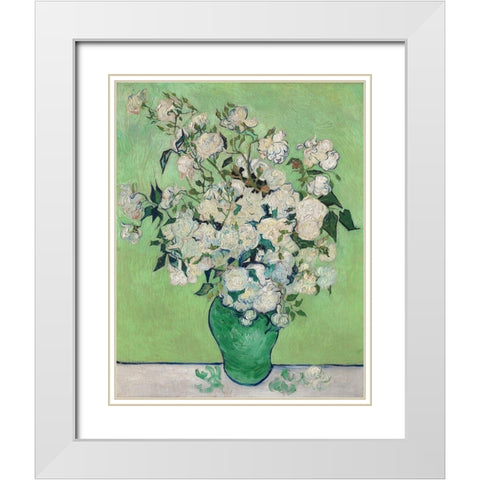 Roses, 1890 (Green Vase) White Modern Wood Framed Art Print with Double Matting by Van Gogh, Vincent