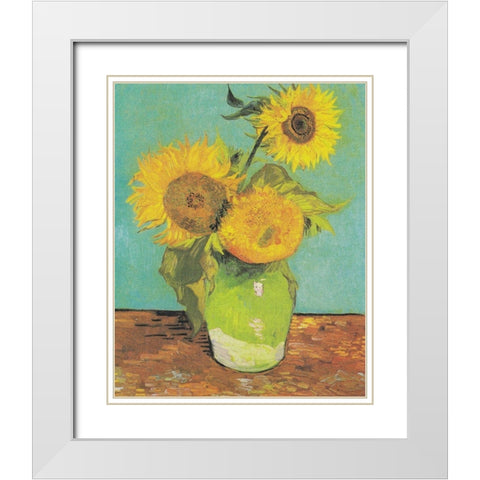Three Sunflowers in a Vase, 1888 White Modern Wood Framed Art Print with Double Matting by Van Gogh, Vincent