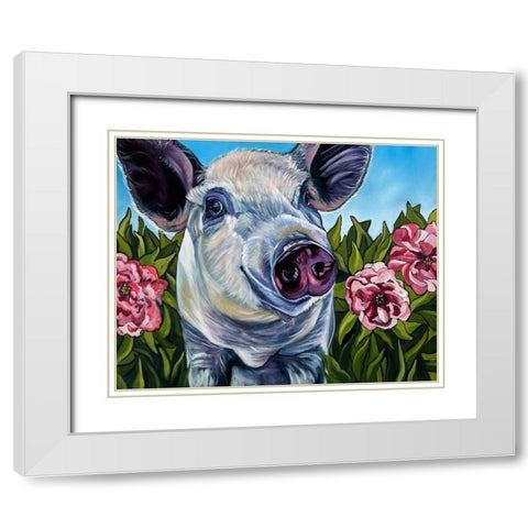 Pigs and Peonies White Modern Wood Framed Art Print with Double Matting by Wronski, Kathryn
