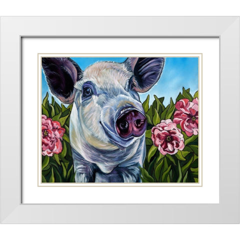Pigs and Peonies White Modern Wood Framed Art Print with Double Matting by Wronski, Kathryn