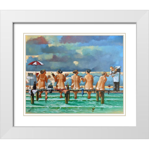 Friends On The Jetty White Modern Wood Framed Art Print with Double Matting by West, Ronald