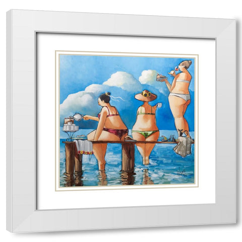 Tea Break On The Jetty White Modern Wood Framed Art Print with Double Matting by West, Ronald