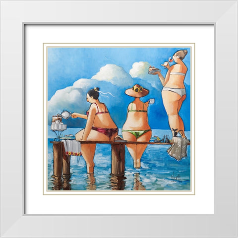 Tea Break On The Jetty White Modern Wood Framed Art Print with Double Matting by West, Ronald