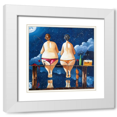 Two Sisters Fishing White Modern Wood Framed Art Print with Double Matting by West, Ronald