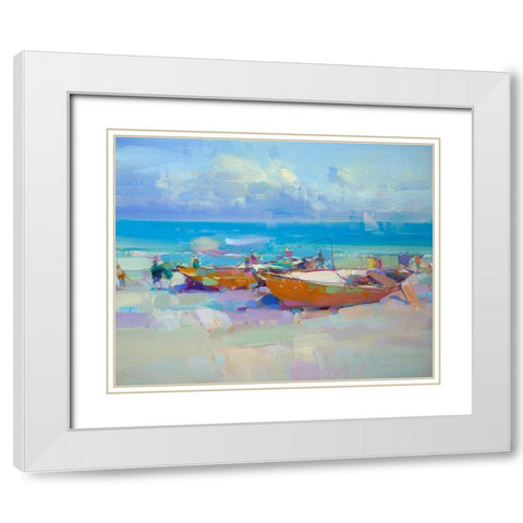 Boats On The Shore White Modern Wood Framed Art Print with Double Matting by Yeremyan, Vahe