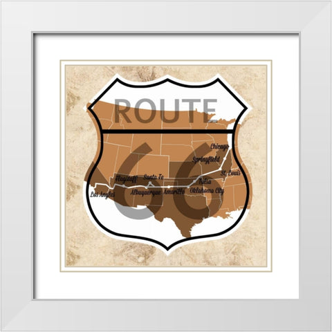 Route 66 Map White Modern Wood Framed Art Print with Double Matting by SD Graphics Studio