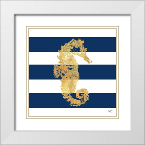 Gold Seahorse on Stripes I White Modern Wood Framed Art Print with Double Matting by DeRice, Julie