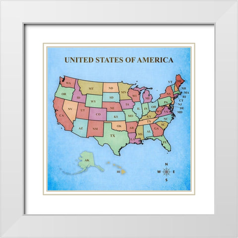 Map of the United States White Modern Wood Framed Art Print with Double Matting by Josefina