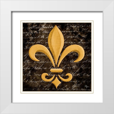 Scripted Gold Fleur de lis I White Modern Wood Framed Art Print with Double Matting by Rhyan, Vivien