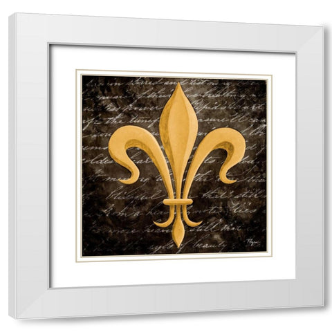 Scripted Gold Fleur de lis II White Modern Wood Framed Art Print with Double Matting by Rhyan, Vivien
