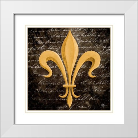 Scripted Gold Fleur de lis II White Modern Wood Framed Art Print with Double Matting by Rhyan, Vivien
