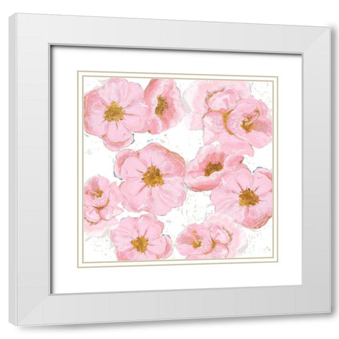 Pink And Gold Florals White Modern Wood Framed Art Print with Double Matting by Pinto, Patricia