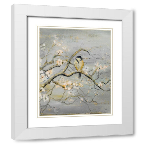 Gold and Gray Branch with Birds II White Modern Wood Framed Art Print with Double Matting by Pinto, Patricia