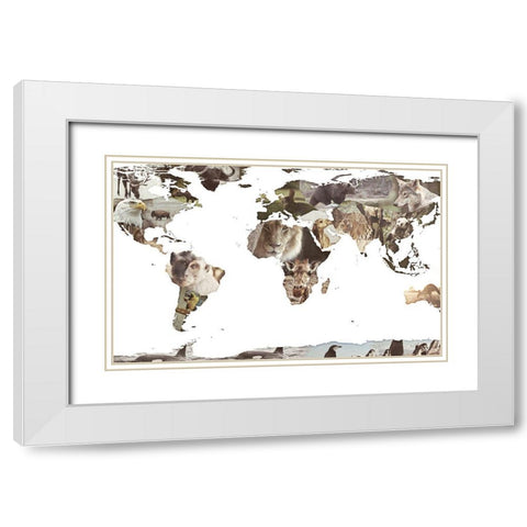 World Animals Map White Modern Wood Framed Art Print with Double Matting by SD Graphics Studio