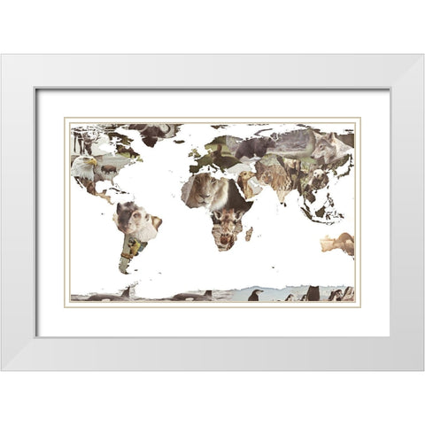 World Animals Map White Modern Wood Framed Art Print with Double Matting by SD Graphics Studio