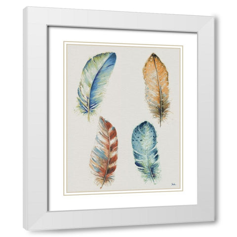 Four Colorful Feathers White Modern Wood Framed Art Print with Double Matting by Pinto, Patricia