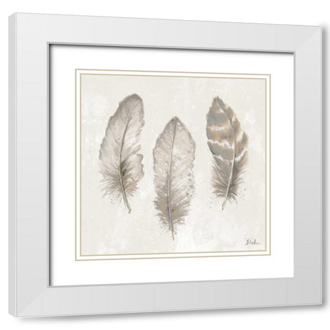 Three Modern Feathers II White Modern Wood Framed Art Print with Double Matting by Pinto, Patricia