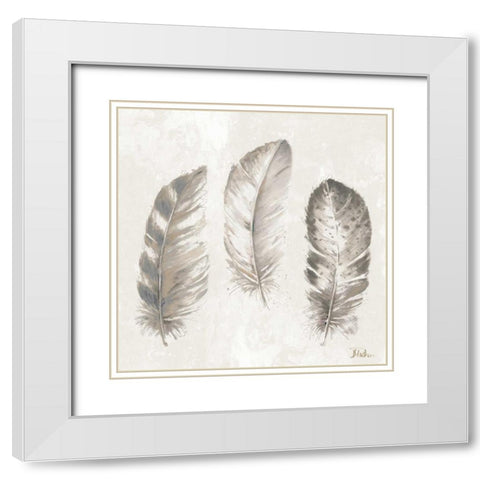 Three Modern Feathers I White Modern Wood Framed Art Print with Double Matting by Pinto, Patricia
