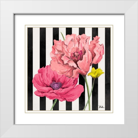 Poppies on Stripes I White Modern Wood Framed Art Print with Double Matting by Pinto, Patricia