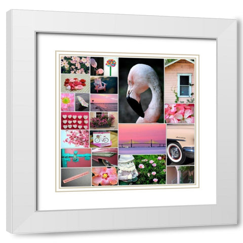 Pink Flamingo Collage White Modern Wood Framed Art Print with Double Matting by Peck, Gail