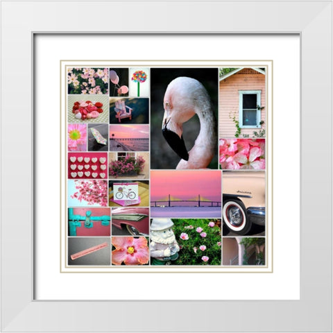 Pink Flamingo Collage White Modern Wood Framed Art Print with Double Matting by Peck, Gail