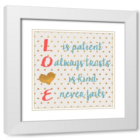 LOVE with Gold Hearts White Modern Wood Framed Art Print with Double Matting by Studio, SD Graphics