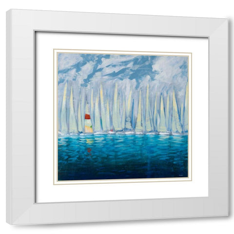 Dozen Blue Sailboats White Modern Wood Framed Art Print with Double Matting by Meneely, Dan