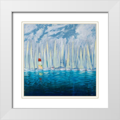 Dozen Blue Sailboats White Modern Wood Framed Art Print with Double Matting by Meneely, Dan