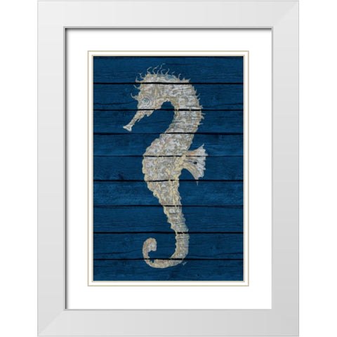 Antique Seahorse on Blue II White Modern Wood Framed Art Print with Double Matting by Pinto, Patricia