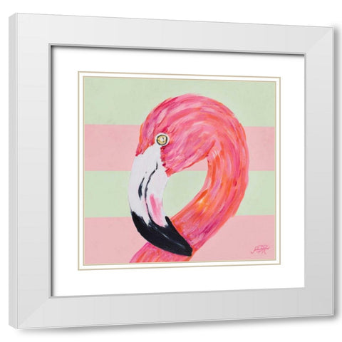 Flamingo on Stripes II White Modern Wood Framed Art Print with Double Matting by DeRice, Julie