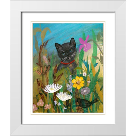 Cat in the Garden White Modern Wood Framed Art Print with Double Matting by Maria, Robin