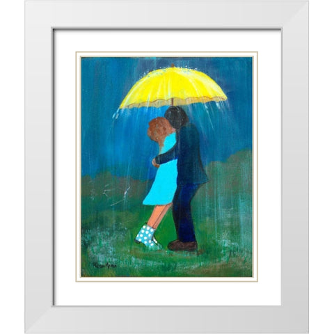 Kissing Under the Yellow Umbrella White Modern Wood Framed Art Print with Double Matting by Maria, Robin