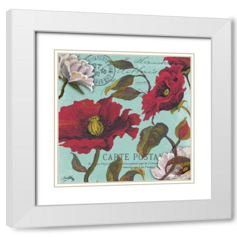 Paris Aqua Flowers I White Modern Wood Framed Art Print with Double Matting by Medley, Elizabeth