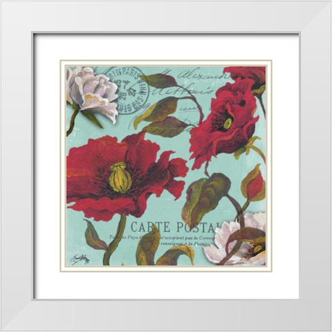 Paris Aqua Flowers I White Modern Wood Framed Art Print with Double Matting by Medley, Elizabeth