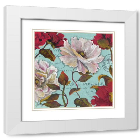 Paris Aqua Flowers II White Modern Wood Framed Art Print with Double Matting by Medley, Elizabeth