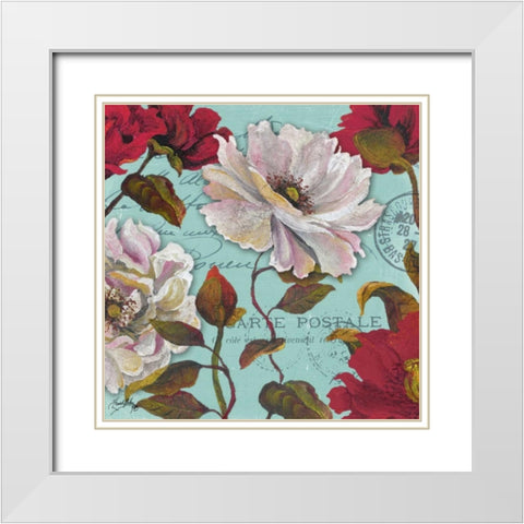 Paris Aqua Flowers II White Modern Wood Framed Art Print with Double Matting by Medley, Elizabeth