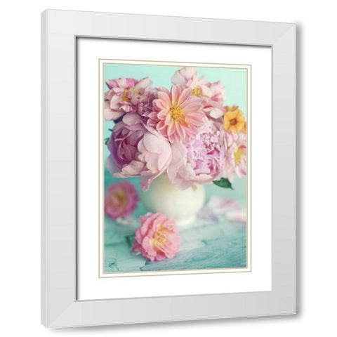 Peonies On Teal White Modern Wood Framed Art Print with Double Matting by Gardner, Sarah