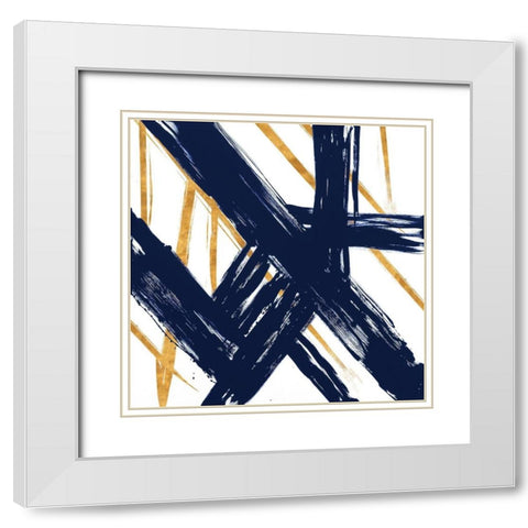 Navy with Gold Strokes III White Modern Wood Framed Art Print with Double Matting by Morris, Megan