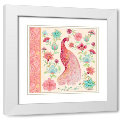Pink Medallion Peacock I White Modern Wood Framed Art Print with Double Matting by Gaynor, Janice