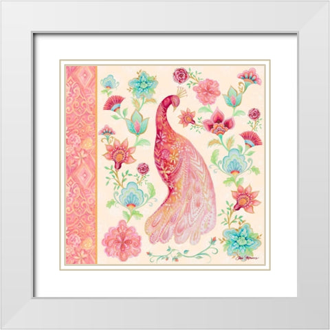 Pink Medallion Peacock I White Modern Wood Framed Art Print with Double Matting by Gaynor, Janice