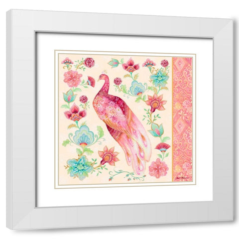 Pink Medallion Peacock II White Modern Wood Framed Art Print with Double Matting by Gaynor, Janice