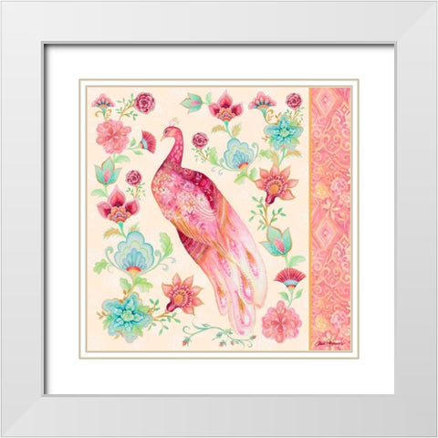 Pink Medallion Peacock II White Modern Wood Framed Art Print with Double Matting by Gaynor, Janice